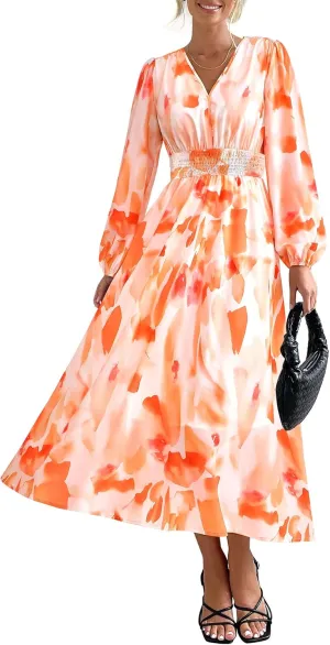 PRETTYGARDEN Women's Spring Floral Midi Dress Fall Long Sleeve V Neck Flowy Casual Beach Vacation Wedding Guest Dresses