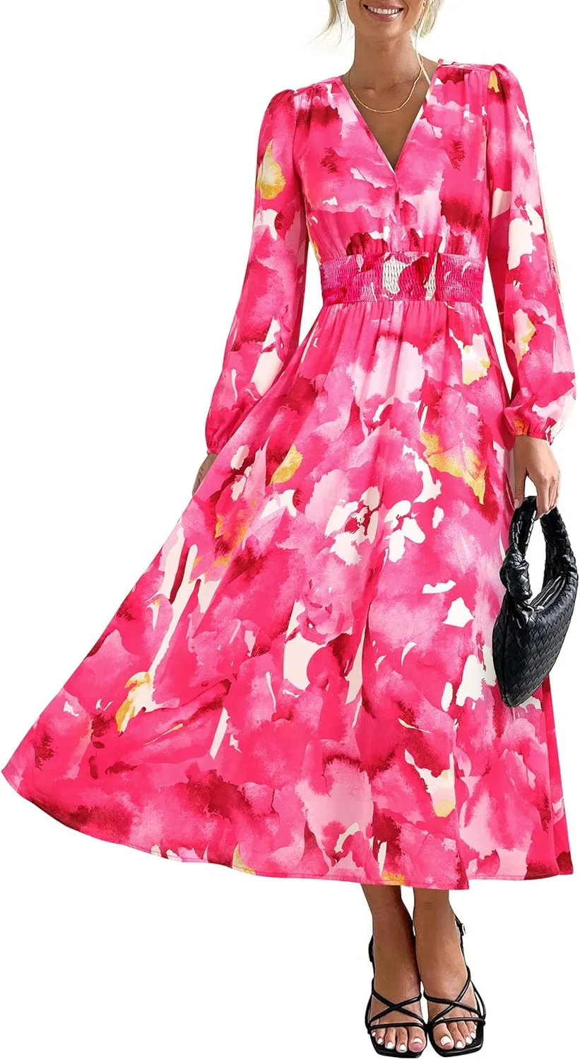 PRETTYGARDEN Women's Spring Floral Midi Dress Fall Long Sleeve V Neck Flowy Casual Beach Vacation Wedding Guest Dresses
