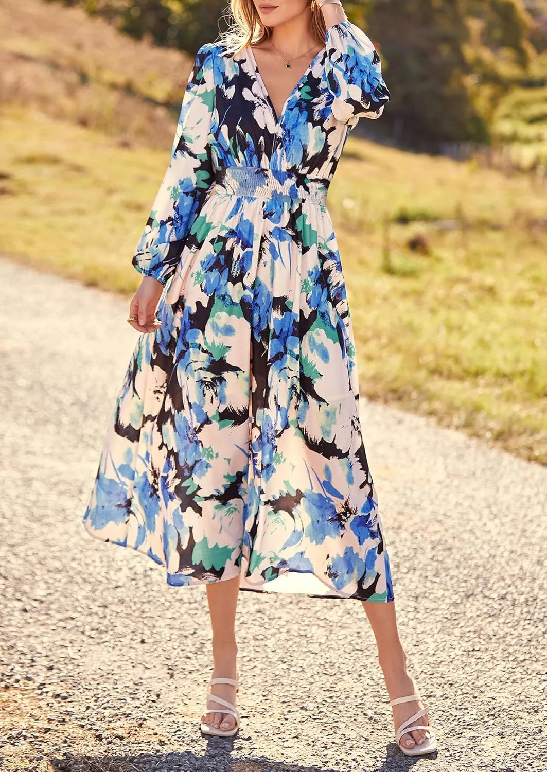 PRETTYGARDEN Women's Spring Floral Midi Dress Fall Long Sleeve V Neck Flowy Casual Beach Vacation Wedding Guest Dresses