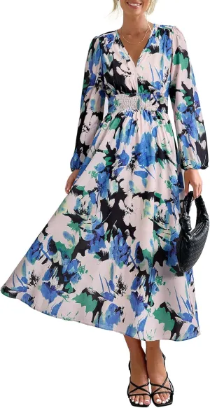PRETTYGARDEN Women's Spring Floral Midi Dress Fall Long Sleeve V Neck Flowy Casual Beach Vacation Wedding Guest Dresses