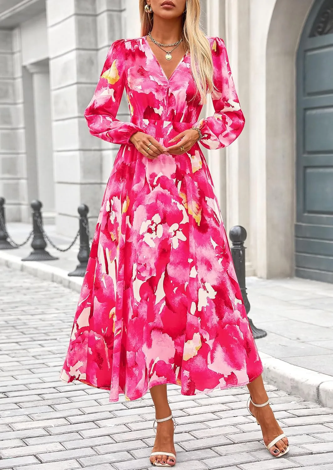 PRETTYGARDEN Women's Spring Floral Midi Dress Fall Long Sleeve V Neck Flowy Casual Beach Vacation Wedding Guest Dresses