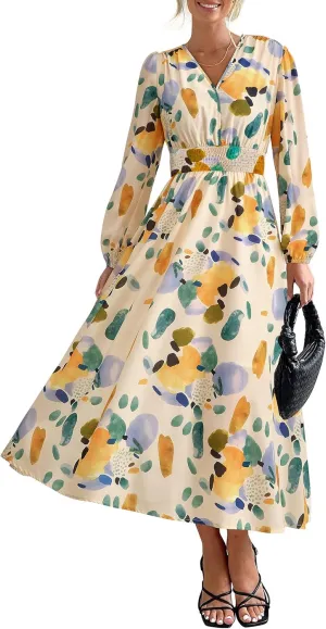 PRETTYGARDEN Women's Spring Floral Midi Dress Fall Long Sleeve V Neck Flowy Casual Beach Vacation Wedding Guest Dresses