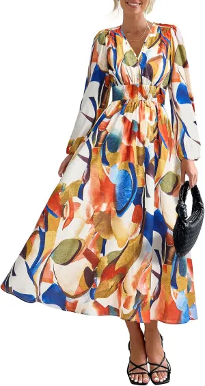 PRETTYGARDEN Women's Spring Floral Midi Dress Fall Long Sleeve V Neck Flowy Casual Beach Vacation Wedding Guest Dresses