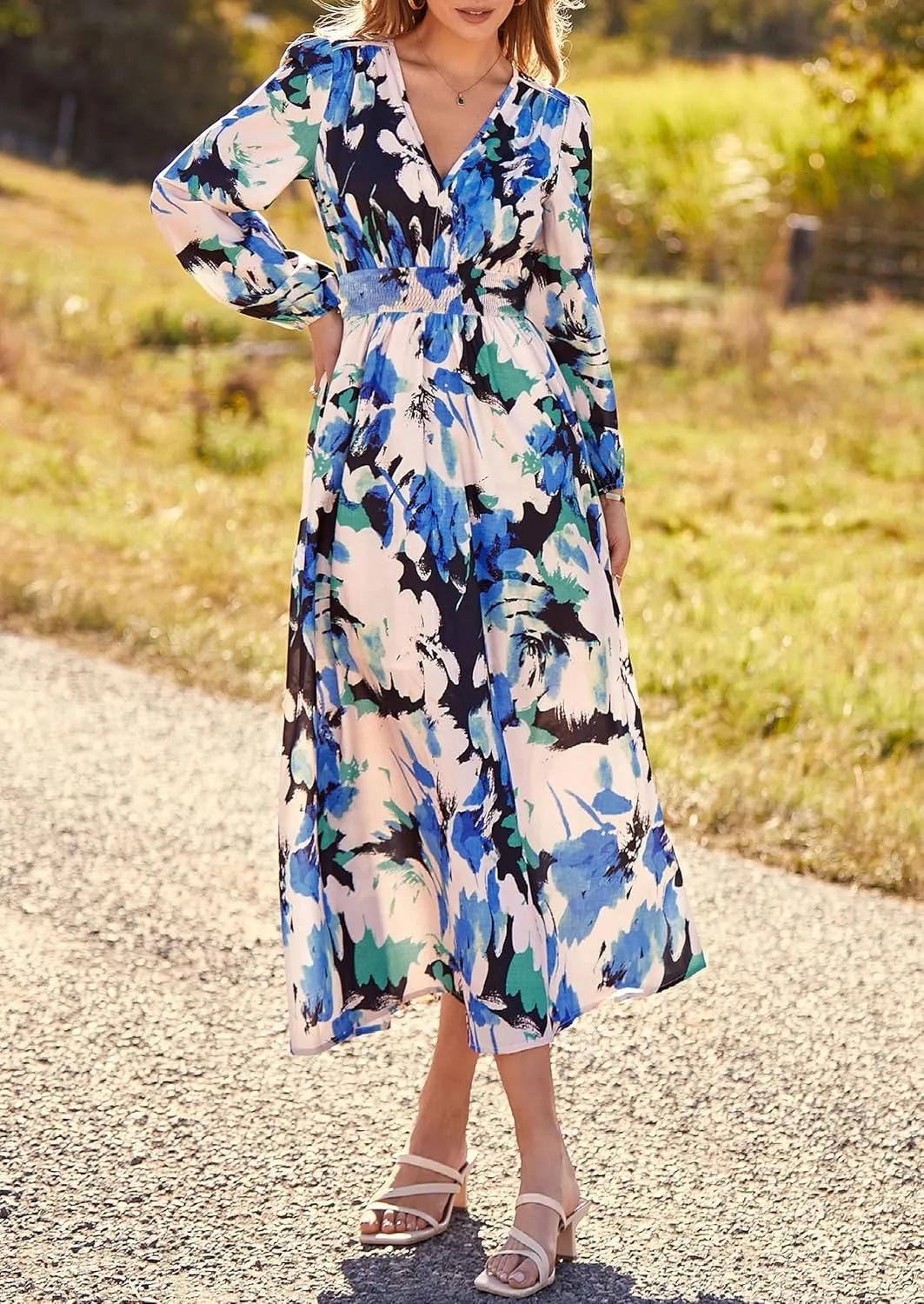 PRETTYGARDEN Women's Spring Floral Midi Dress Fall Long Sleeve V Neck Flowy Casual Beach Vacation Wedding Guest Dresses