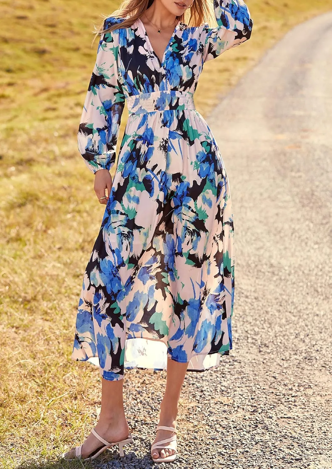 PRETTYGARDEN Women's Spring Floral Midi Dress Fall Long Sleeve V Neck Flowy Casual Beach Vacation Wedding Guest Dresses