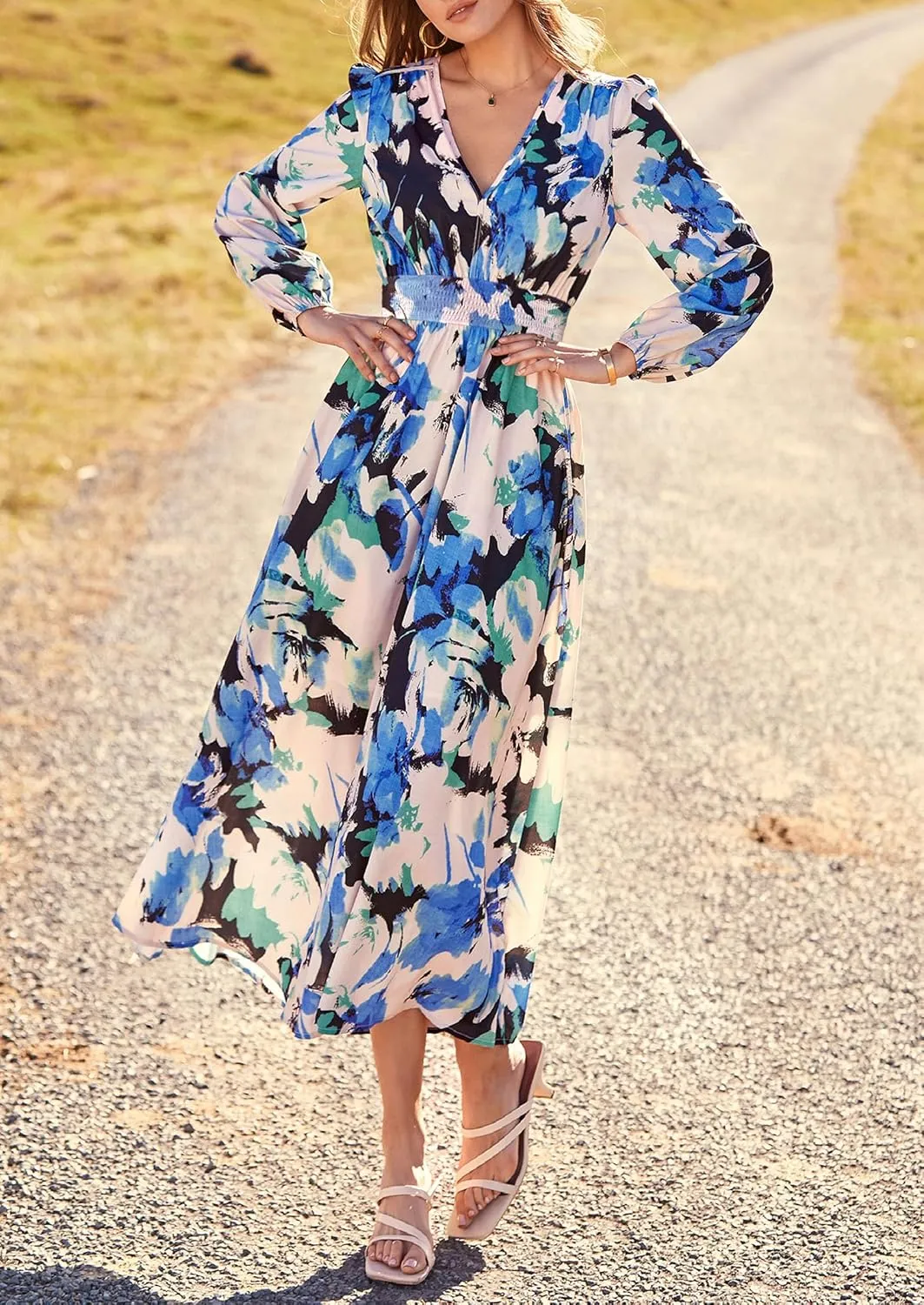 PRETTYGARDEN Women's Spring Floral Midi Dress Fall Long Sleeve V Neck Flowy Casual Beach Vacation Wedding Guest Dresses