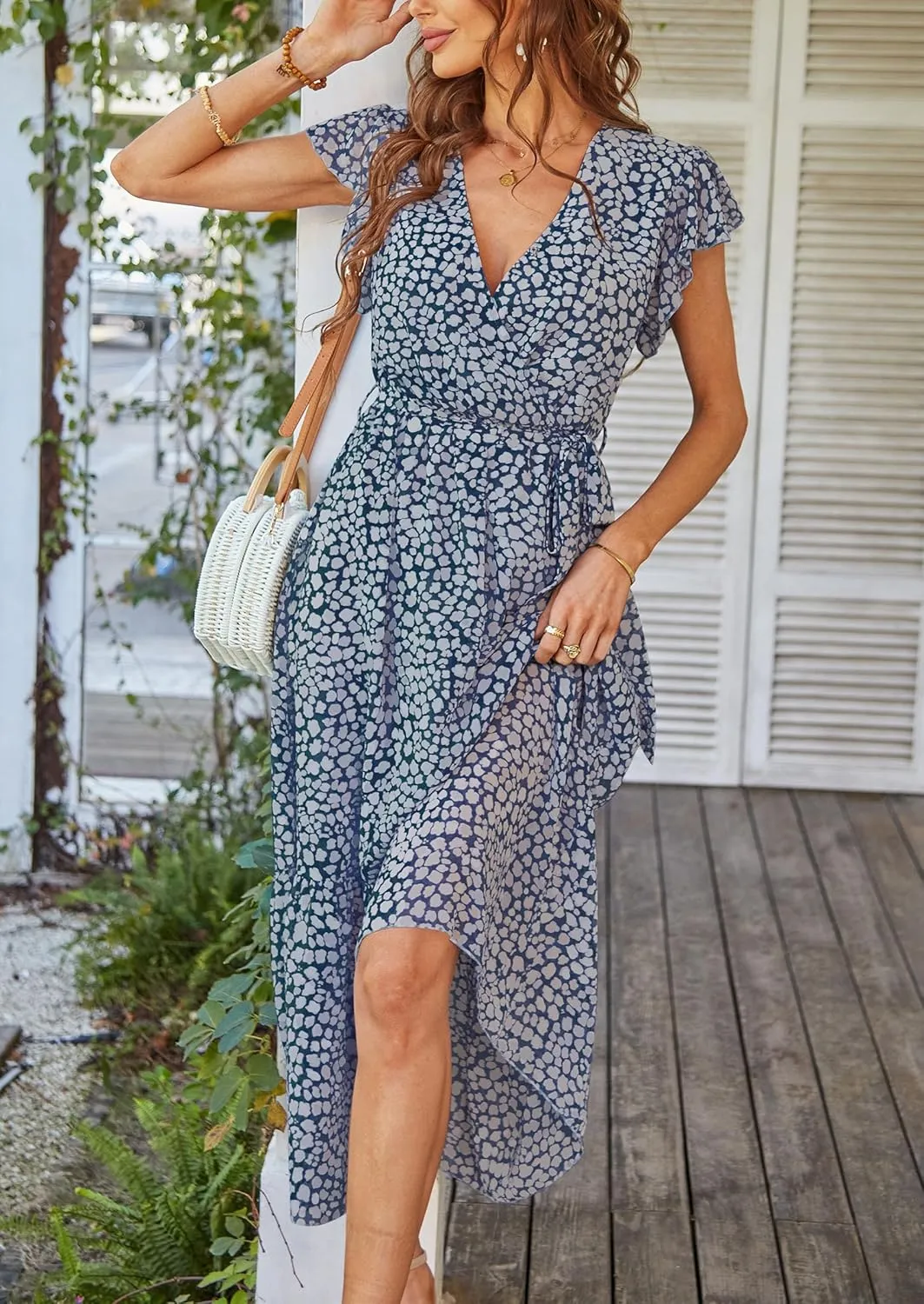 PRETTYGARDEN Women's Summer Floral Boho Maxi Dress Wrap Short Sleeve V Neck Ruffle A-Line Flowy Wedding Guest Long Dresses