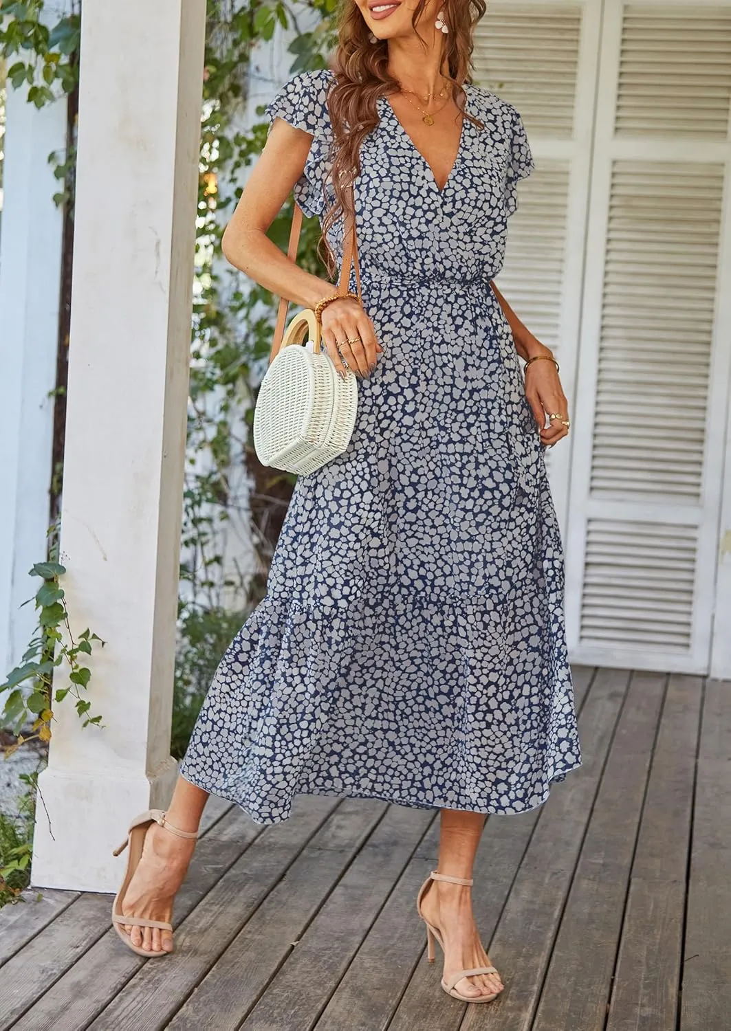 PRETTYGARDEN Women's Summer Floral Boho Maxi Dress Wrap Short Sleeve V Neck Ruffle A-Line Flowy Wedding Guest Long Dresses