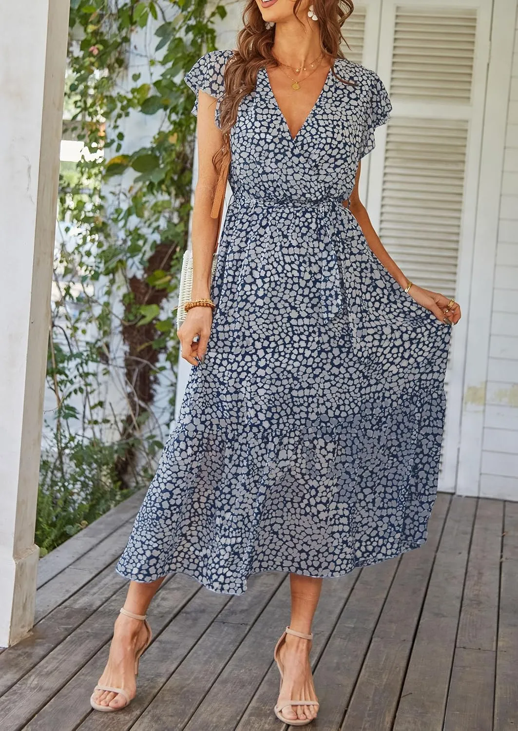 PRETTYGARDEN Women's Summer Floral Boho Maxi Dress Wrap Short Sleeve V Neck Ruffle A-Line Flowy Wedding Guest Long Dresses