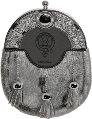 Pringle Dress Sporran 3 Tassels Studded Targe Celtic Arch Scottish Clan Name Crest