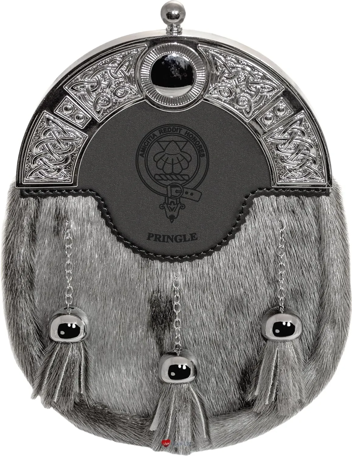 Pringle Dress Sporran 3 Tassels Studded Targe Celtic Arch Scottish Clan Name Crest