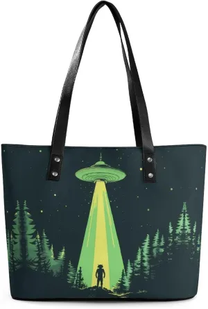 Printed Spaceship at Night Women's Tote Shoulder Bag Handbag Top Handle Leather 29 * 34 * 14cm
