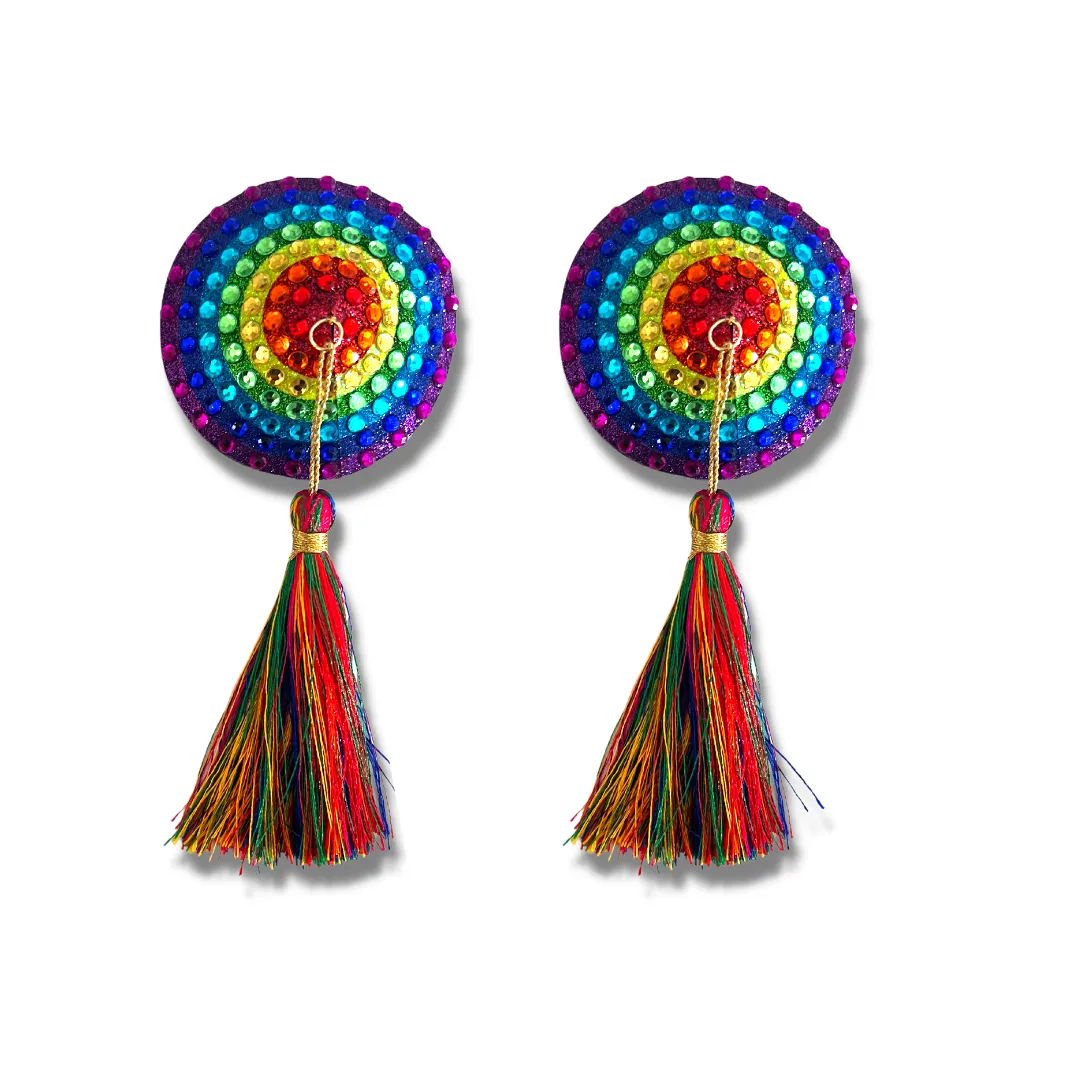 PRISCILLA Rainbow Pride Nipple Pasty, Nipple Cover (2pcs) with Multicolour Tassels for Lingerie Pride Carnival Burlesque Rave