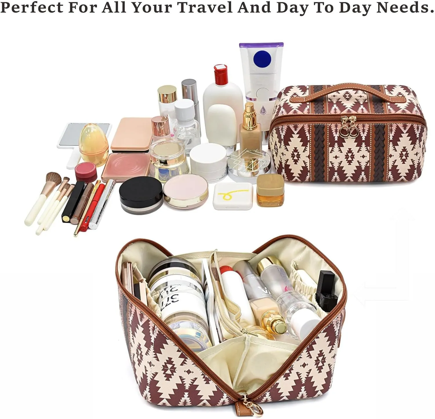 PU Bohemian Makeup Bag, Travel Make Up Organizer Case, Chic Boho Cosmetic Bags, Waterproof Portable Skincare Storage Pouch for Women, Large Capacity