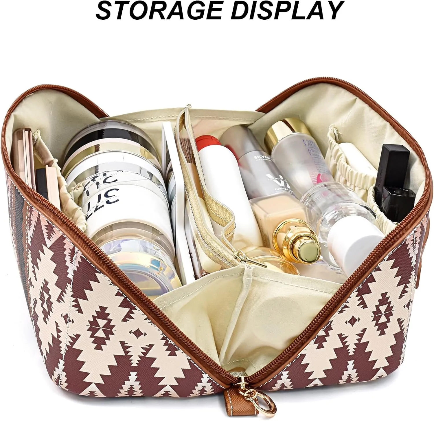 PU Bohemian Makeup Bag, Travel Make Up Organizer Case, Chic Boho Cosmetic Bags, Waterproof Portable Skincare Storage Pouch for Women, Large Capacity
