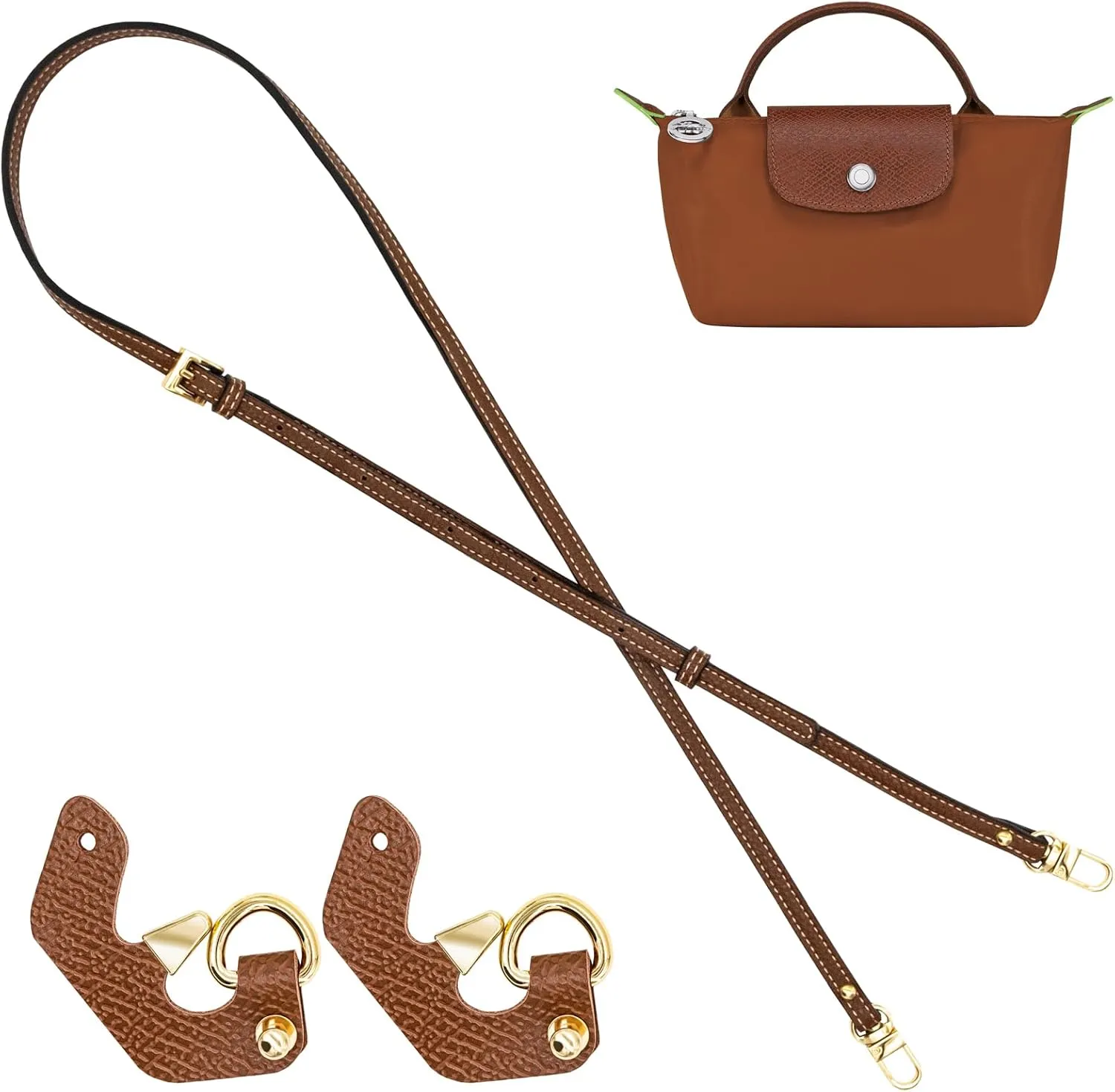 Purse Straps Replacement, Leather Crossbody Handbag Shoulder Strap Adjustable for Longchamp Bag Women, No Punch Required Handbag Conversion Kit (Brown)