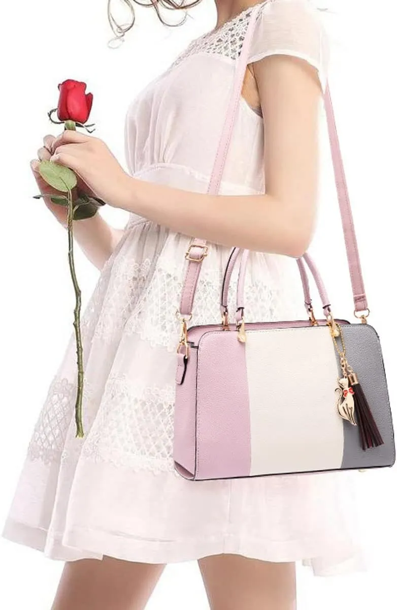 Purses and Handbags for Women Fashion Ladies PU Leather Top Handle Color Satchel Tassel Pendant Shoulder Tote Bag(Light Pink)