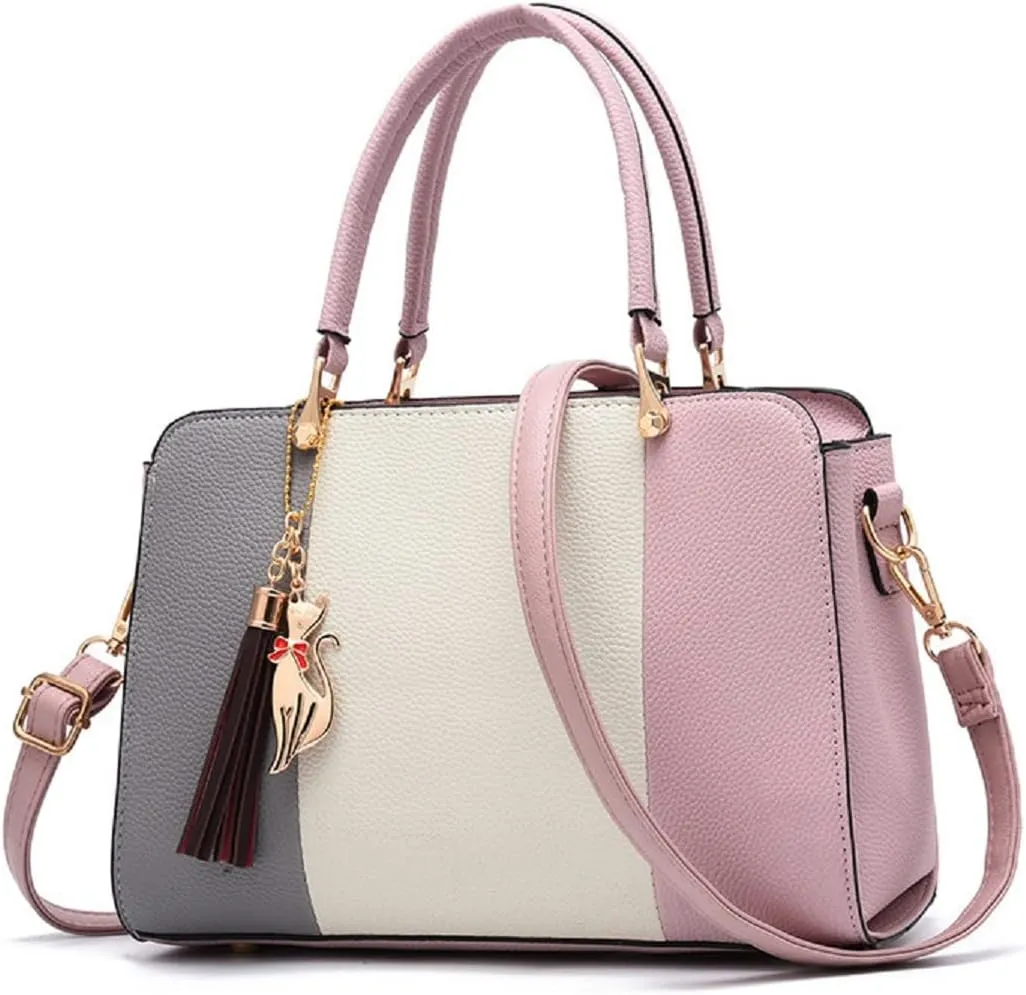 Purses and Handbags for Women Fashion Ladies PU Leather Top Handle Color Satchel Tassel Pendant Shoulder Tote Bag(Light Pink)