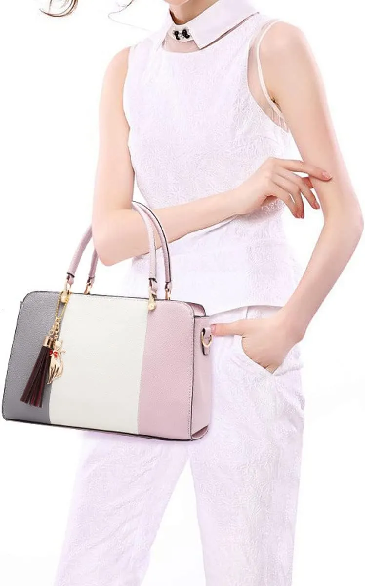 Purses and Handbags for Women Fashion Ladies PU Leather Top Handle Color Satchel Tassel Pendant Shoulder Tote Bag(Light Pink)