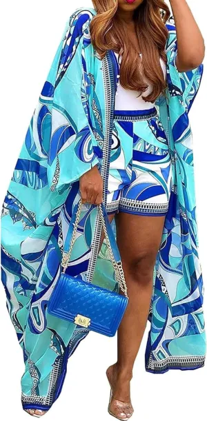 QegarTop Kimono Shorts Set for Women Two Piece Summer Vacation Outfits Flowy Beach Cover up Duster