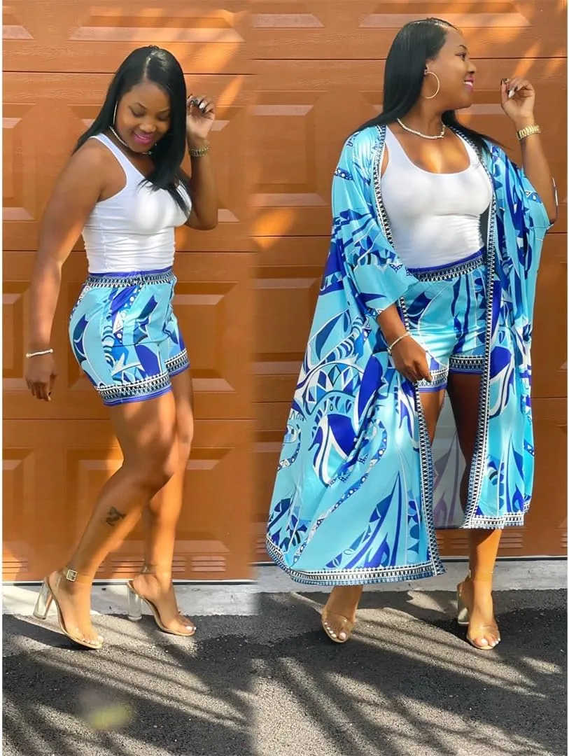 QegarTop Kimono Shorts Set for Women Two Piece Summer Vacation Outfits Flowy Beach Cover up Duster