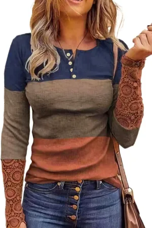 QUEENIE VISCONTI Women Casual Long Sleeve Tops Lace Up Leopard Color Block Pullovers Blouses