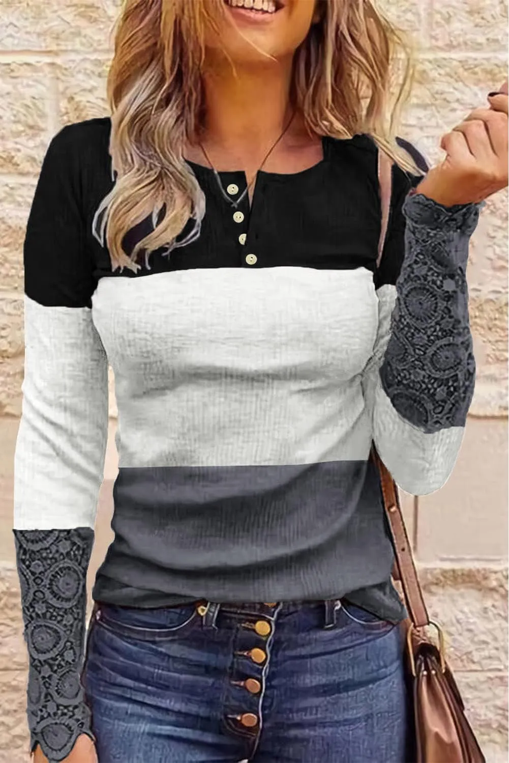 QUEENIE VISCONTI Women Casual Long Sleeve Tops Lace Up Leopard Color Block Pullovers Blouses