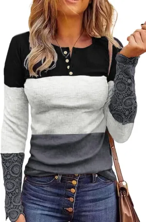 QUEENIE VISCONTI Women Casual Long Sleeve Tops Lace Up Leopard Color Block Pullovers Blouses