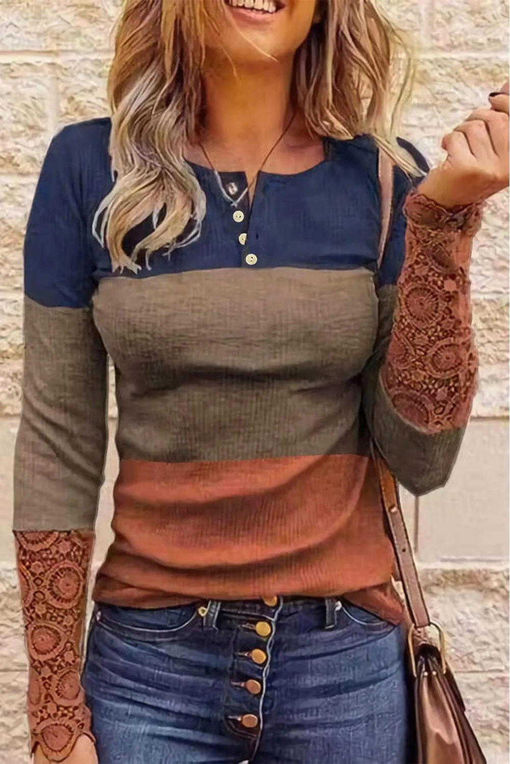 QUEENIE VISCONTI Women Casual Long Sleeve Tops Lace Up Leopard Color Block Pullovers Blouses
