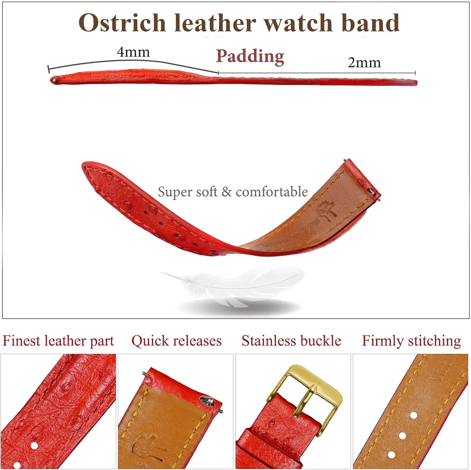 Quick Release Ostrich Leather Watch Bands Men Handmade Replacement Elegant Wrist Watch Straps Vintage Extra Soft Exotic Leather Strap 18mm 19mm 20mm 21mm 22mm