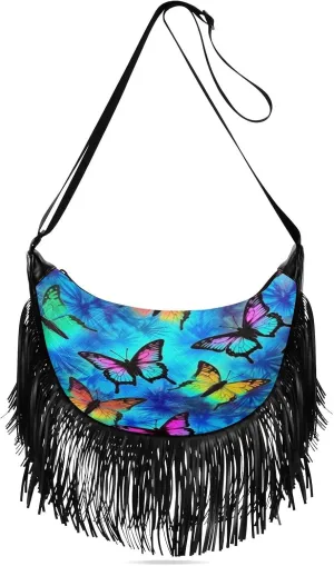 Rainbow Butterflies Crossbody Bags for Women, Small Shoulder Handbags Tassel Purse with Adjustable Strap