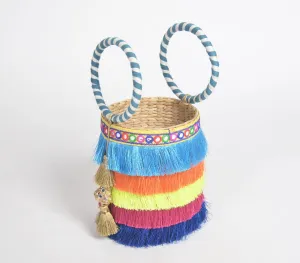 Rainbow Fringed Basket Woven Cane Bucket Bag
