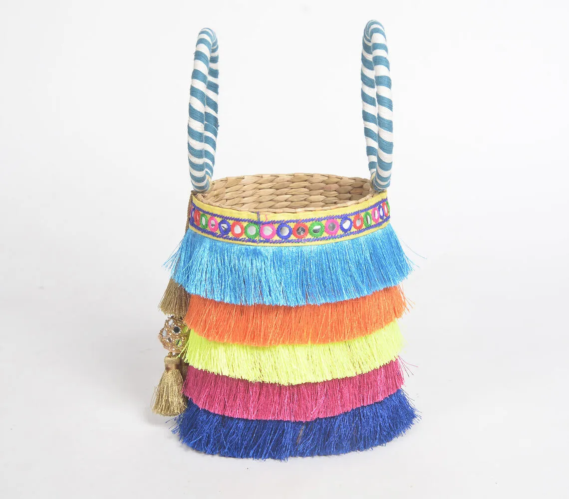 Rainbow Fringed Basket Woven Cane Bucket Bag