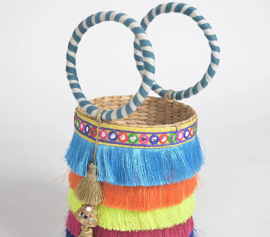 Rainbow Fringed Basket Woven Cane Bucket Bag
