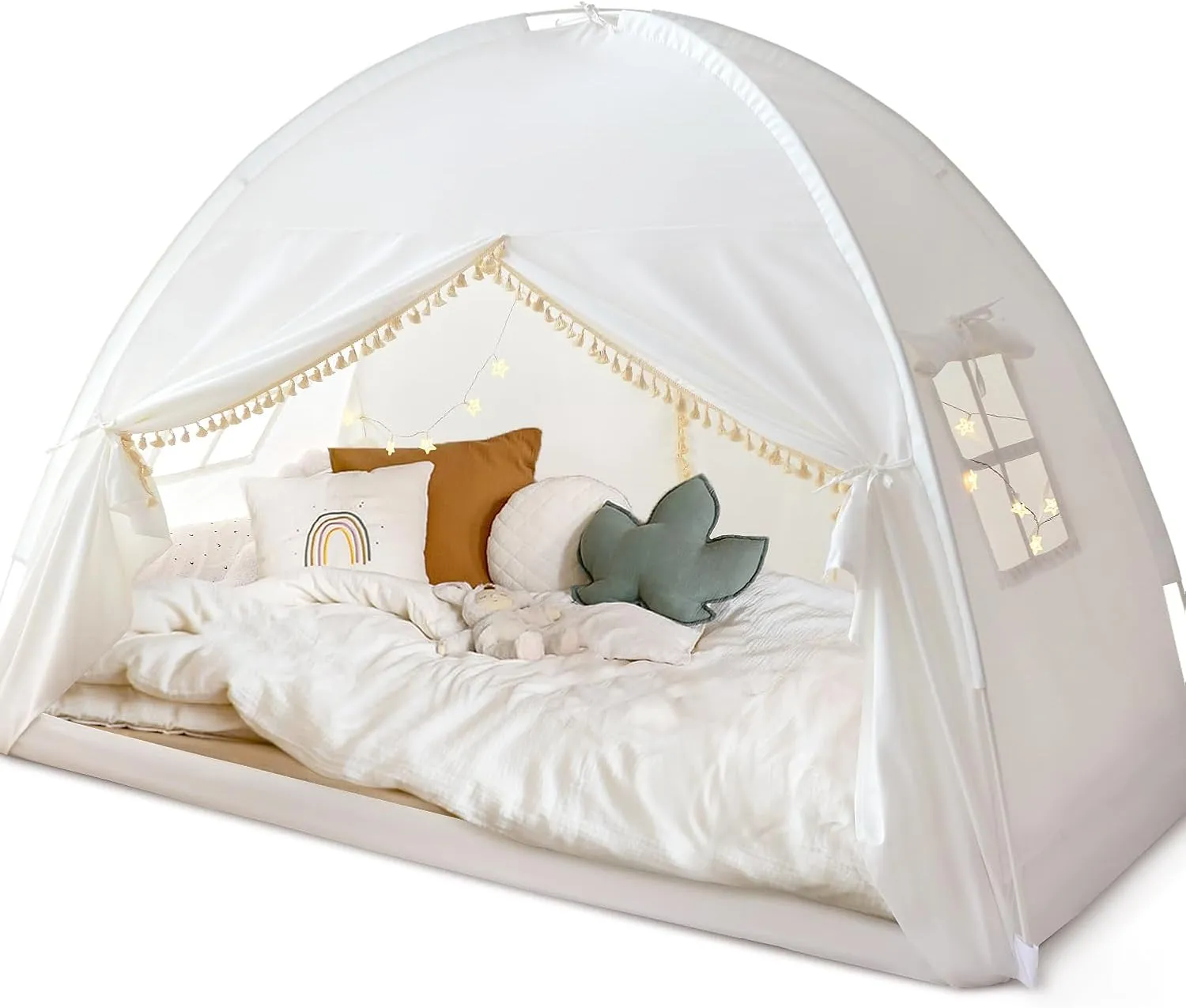 Razee Twin Bed Tent for Kids, Twin Size Bed Canopy Tent Indoor Privacy Tent on Bed Sleep for Girls and Boys, Bed Tent Bohemian Tassel, White Play Tents Dream Princess Tent