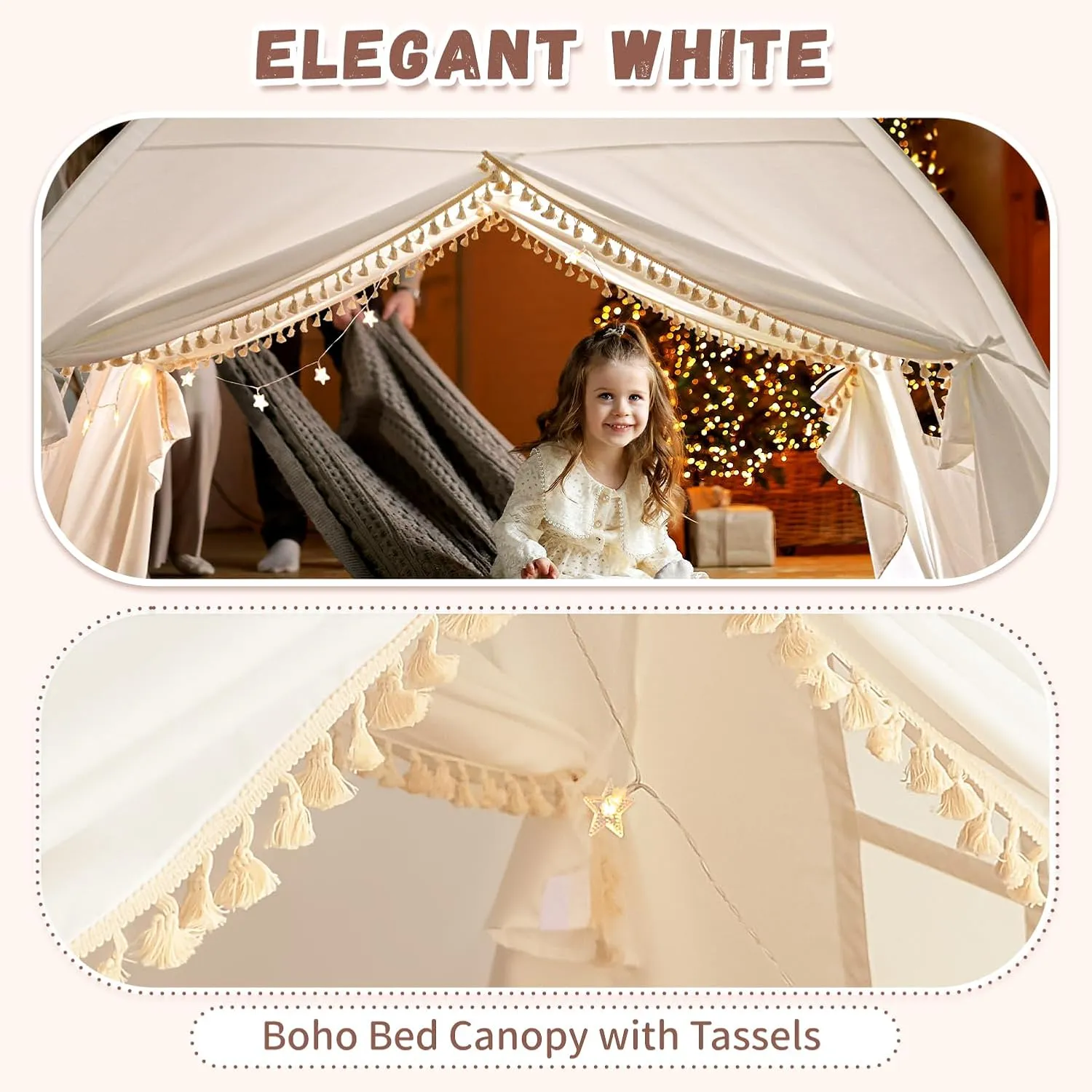 Razee Twin Bed Tent for Kids, Twin Size Bed Canopy Tent Indoor Privacy Tent on Bed Sleep for Girls and Boys, Bed Tent Bohemian Tassel, White Play Tents Dream Princess Tent