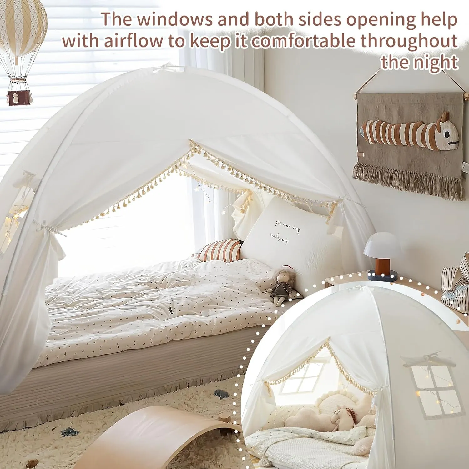 Razee Twin Bed Tent for Kids, Twin Size Bed Canopy Tent Indoor Privacy Tent on Bed Sleep for Girls and Boys, Bed Tent Bohemian Tassel, White Play Tents Dream Princess Tent