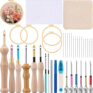 Reallnaive 47 Pcs Punch Needle Kit, Punch Needle Tool Mother's Day Gift for Mom Adjustable Punch Embroidery Kits for Beginners Adults Embroidery Pen Set, Threader, Hoop Handmade Stitching Kit for Mom