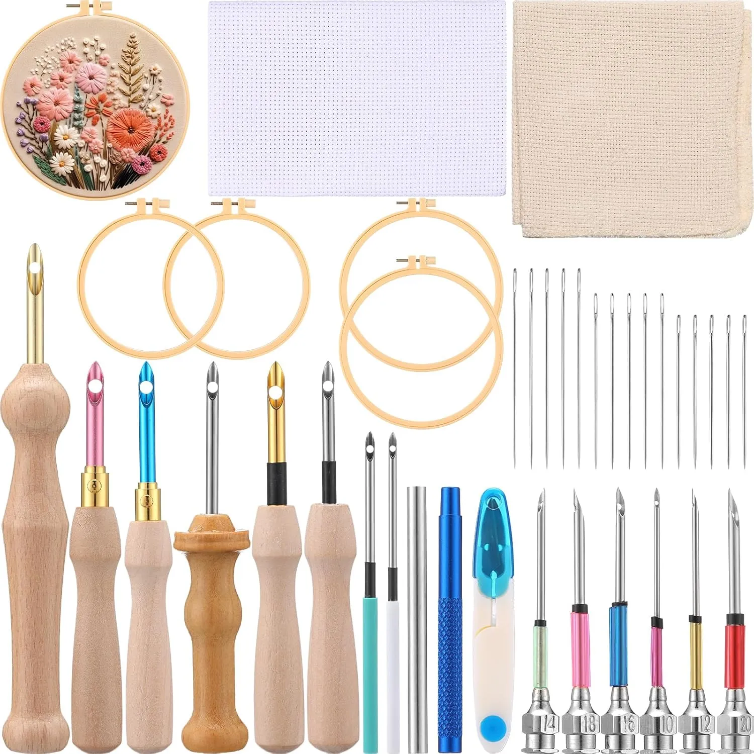 Reallnaive 47 Pcs Punch Needle Kit, Punch Needle Tool Mother's Day Gift for Mom Adjustable Punch Embroidery Kits for Beginners Adults Embroidery Pen Set, Threader, Hoop Handmade Stitching Kit for Mom
