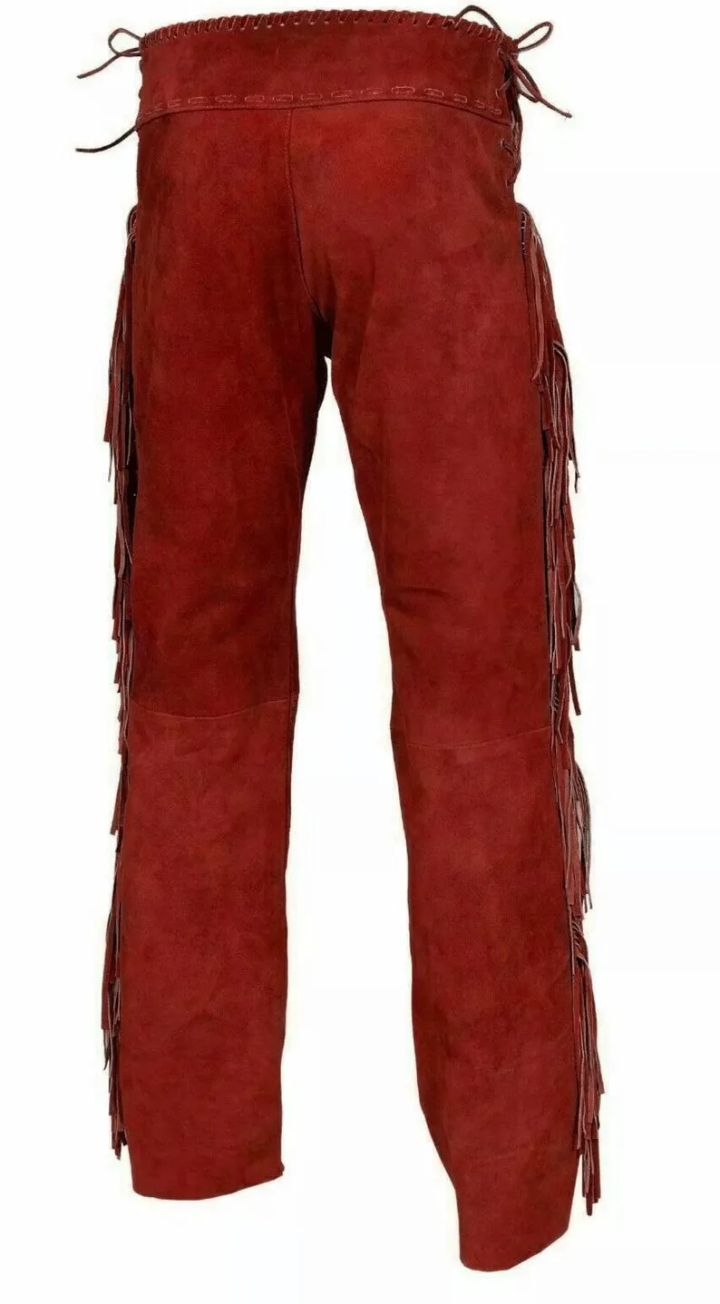 Red Suede Leather Fringe Pants For Men Western Pant MFP1101