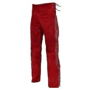 Red Suede Leather Fringe Pants For Men Western Pant MFP1101