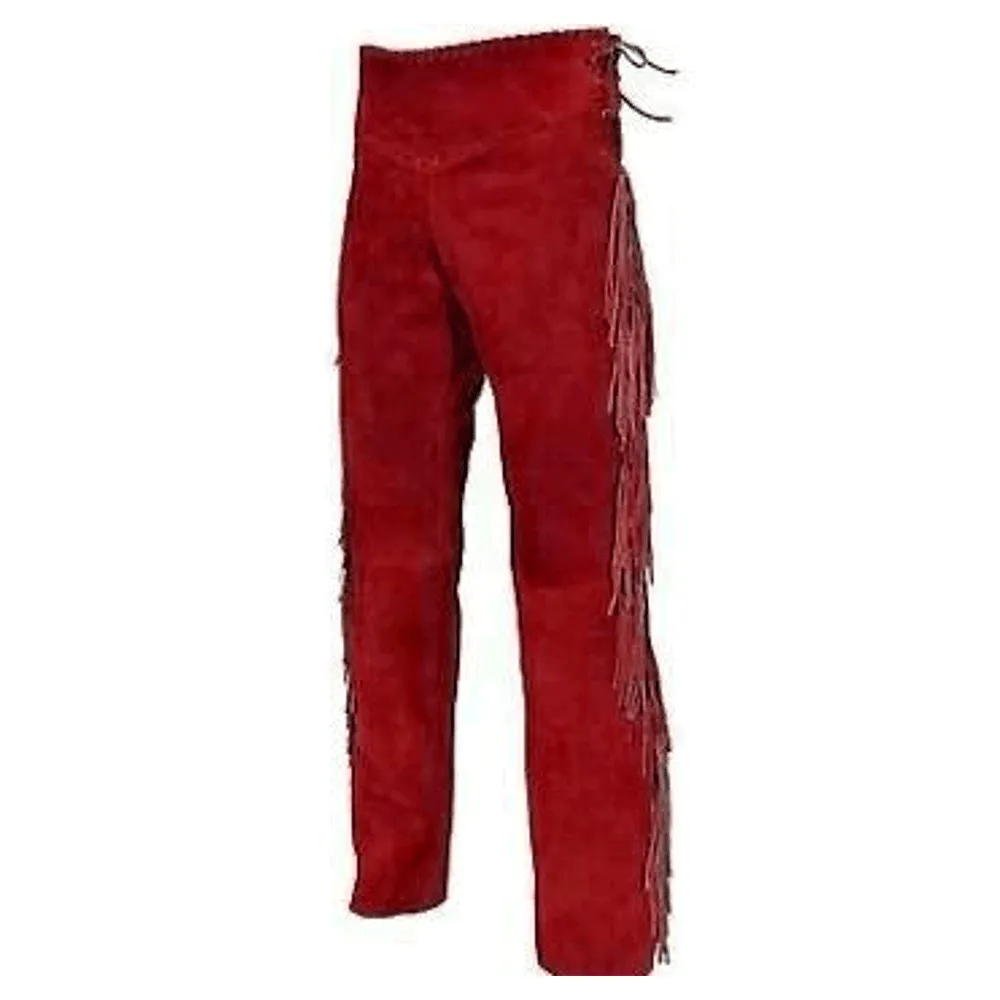 Red Suede Leather Fringe Pants For Men Western Pant MFP1101