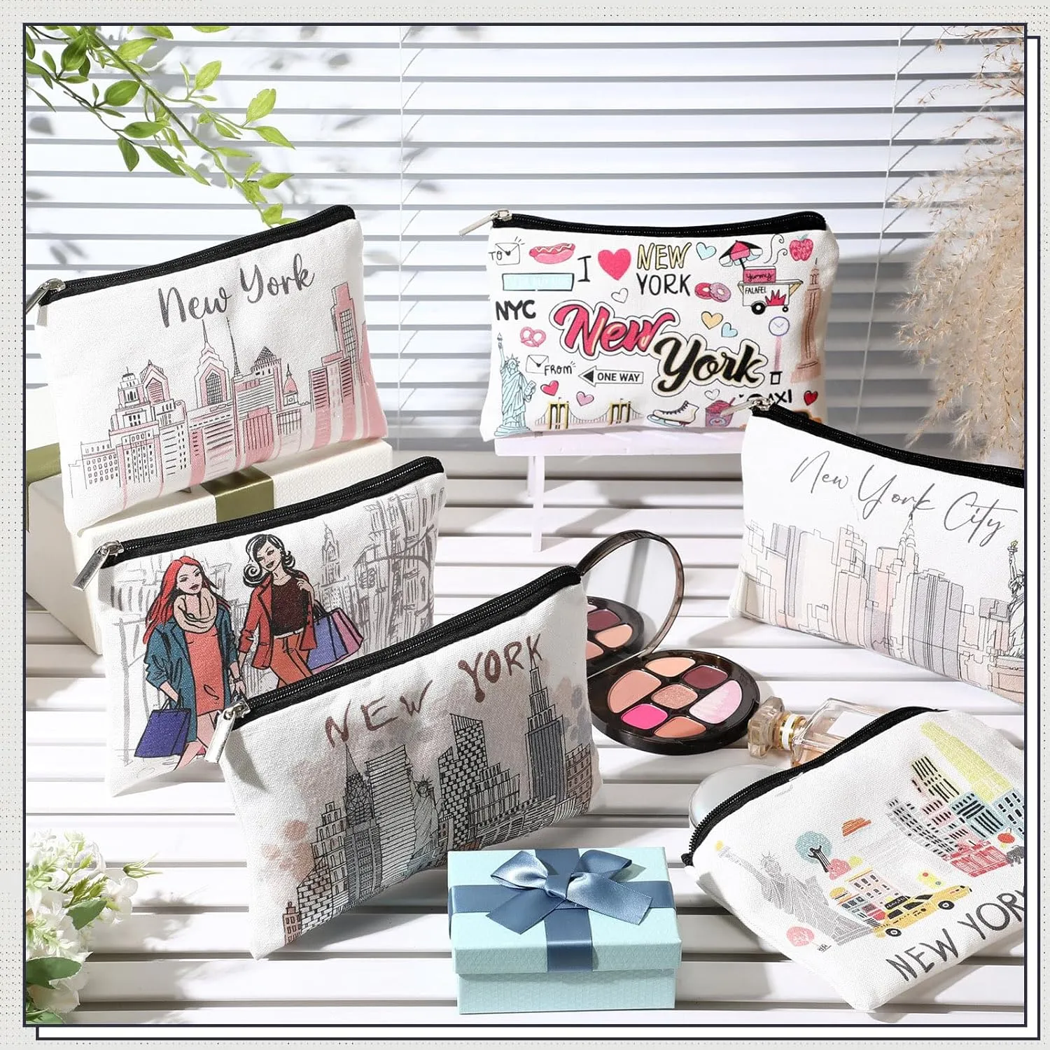 Reginary 6 Pcs City Cosmetic Bag Souvenir Gifts New York Zipper Pouch Chicago Souvenir Seattle Boston Nashville London Paris Italy Gifts Memento for Women Traveler(New York)