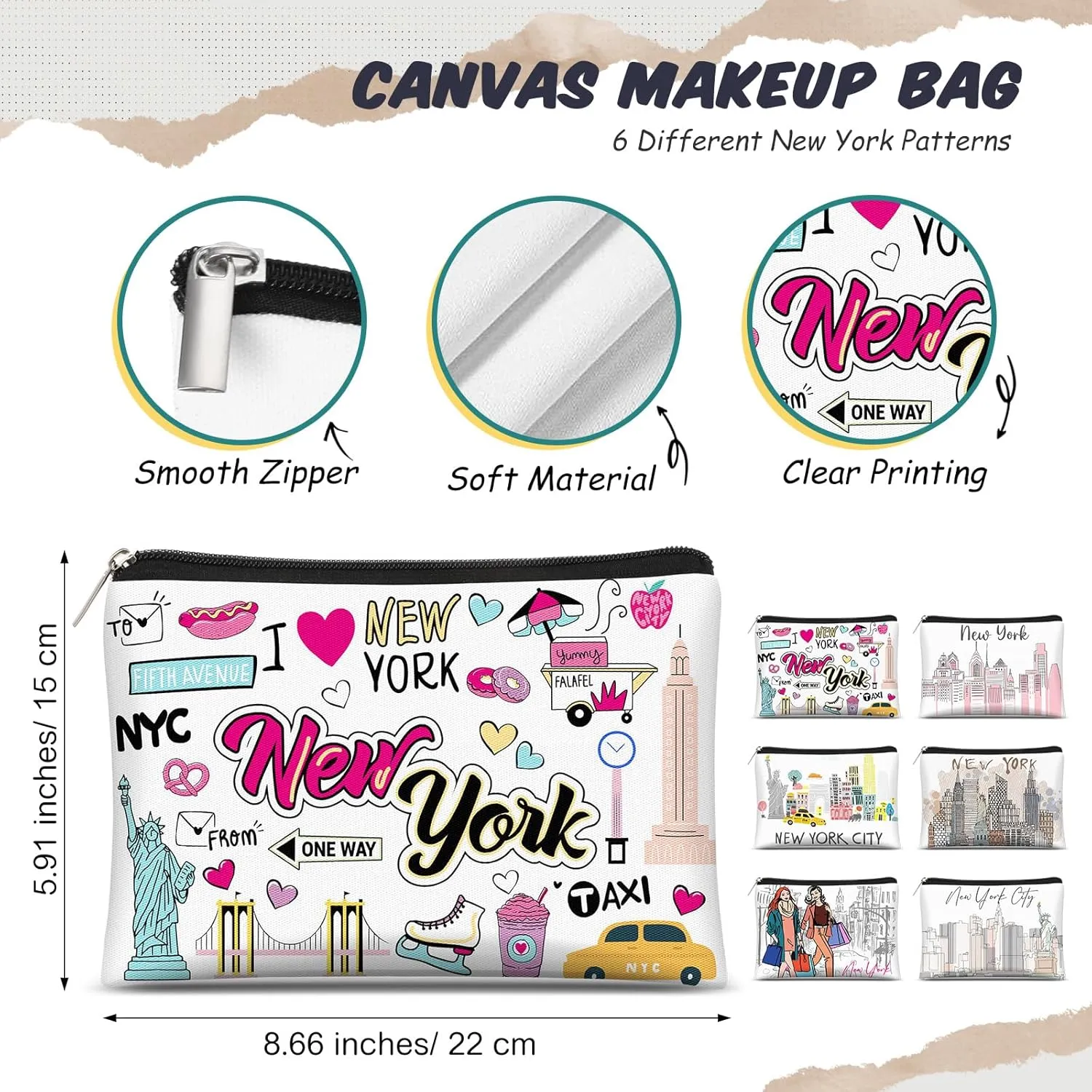 Reginary 6 Pcs City Cosmetic Bag Souvenir Gifts New York Zipper Pouch Chicago Souvenir Seattle Boston Nashville London Paris Italy Gifts Memento for Women Traveler(New York)