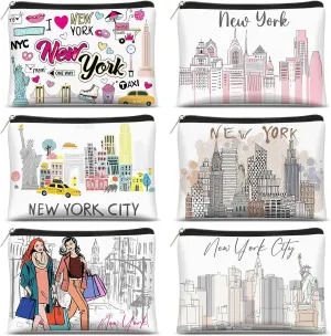 Reginary 6 Pcs City Cosmetic Bag Souvenir Gifts New York Zipper Pouch Chicago Souvenir Seattle Boston Nashville London Paris Italy Gifts Memento for Women Traveler(New York)