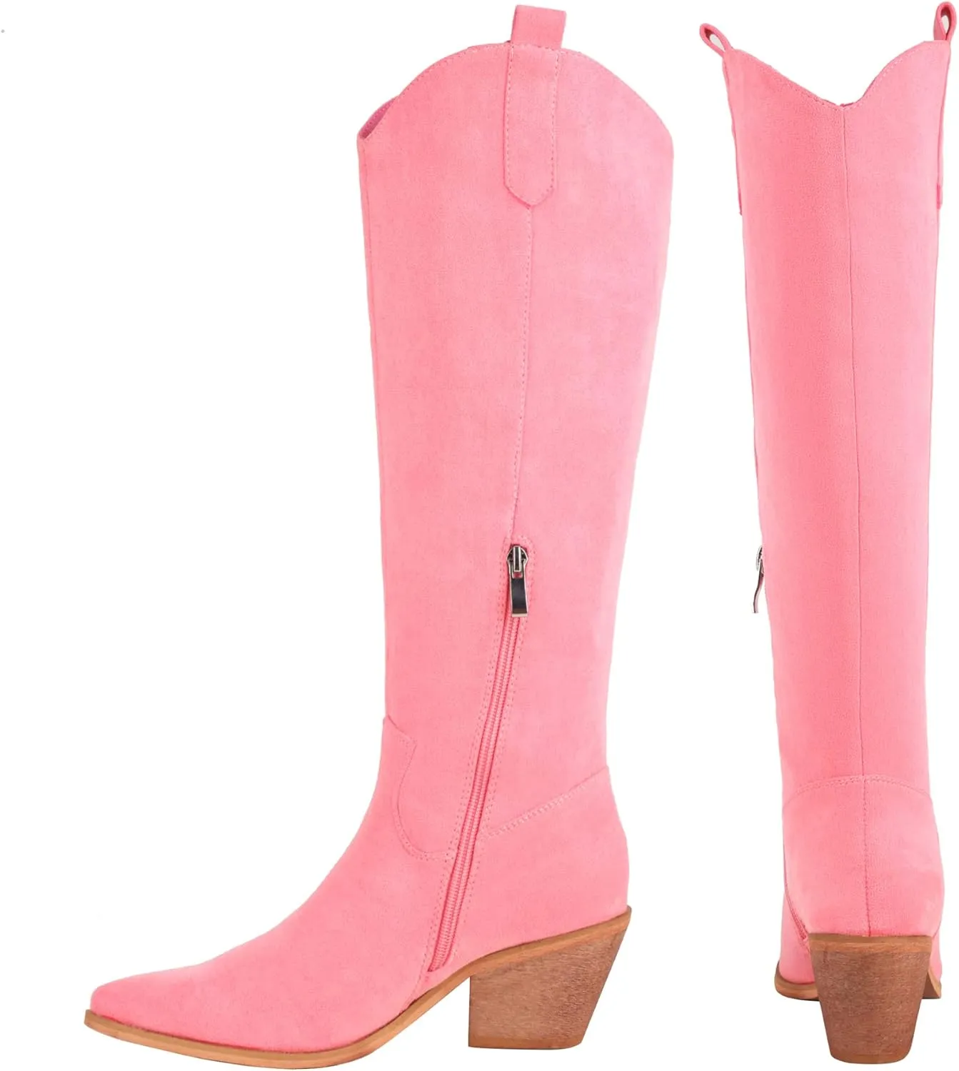 Reitoye Cowboy Boots for Women Embroidery Western Cowgirl Knee High Chunky Heel Boots with Pull-Up Tabs