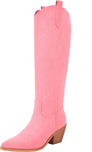 Reitoye Cowboy Boots for Women Embroidery Western Cowgirl Knee High Chunky Heel Boots with Pull-Up Tabs