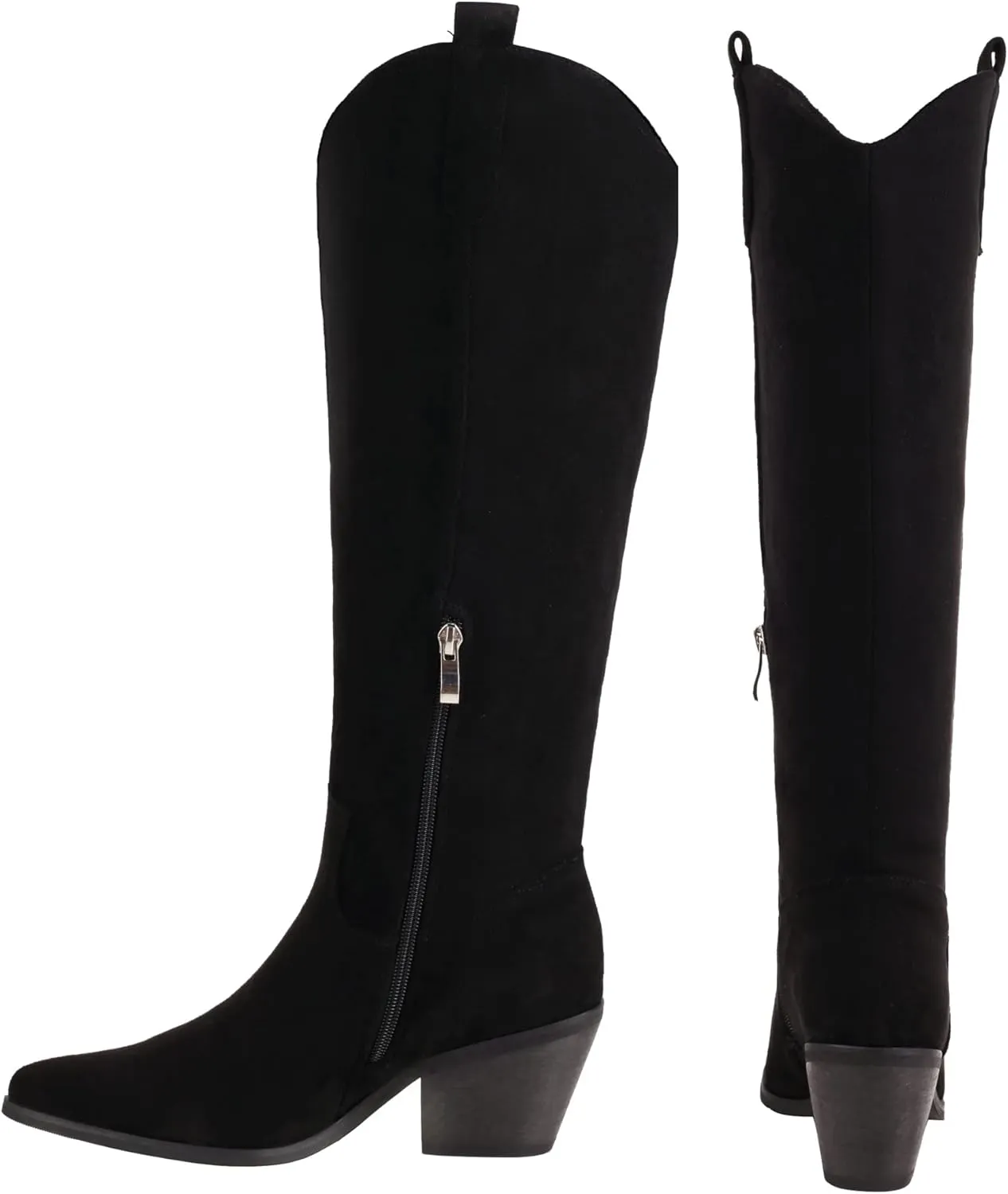 Reitoye Cowboy Boots for Women Embroidery Western Cowgirl Knee High Chunky Heel Boots with Pull-Up Tabs