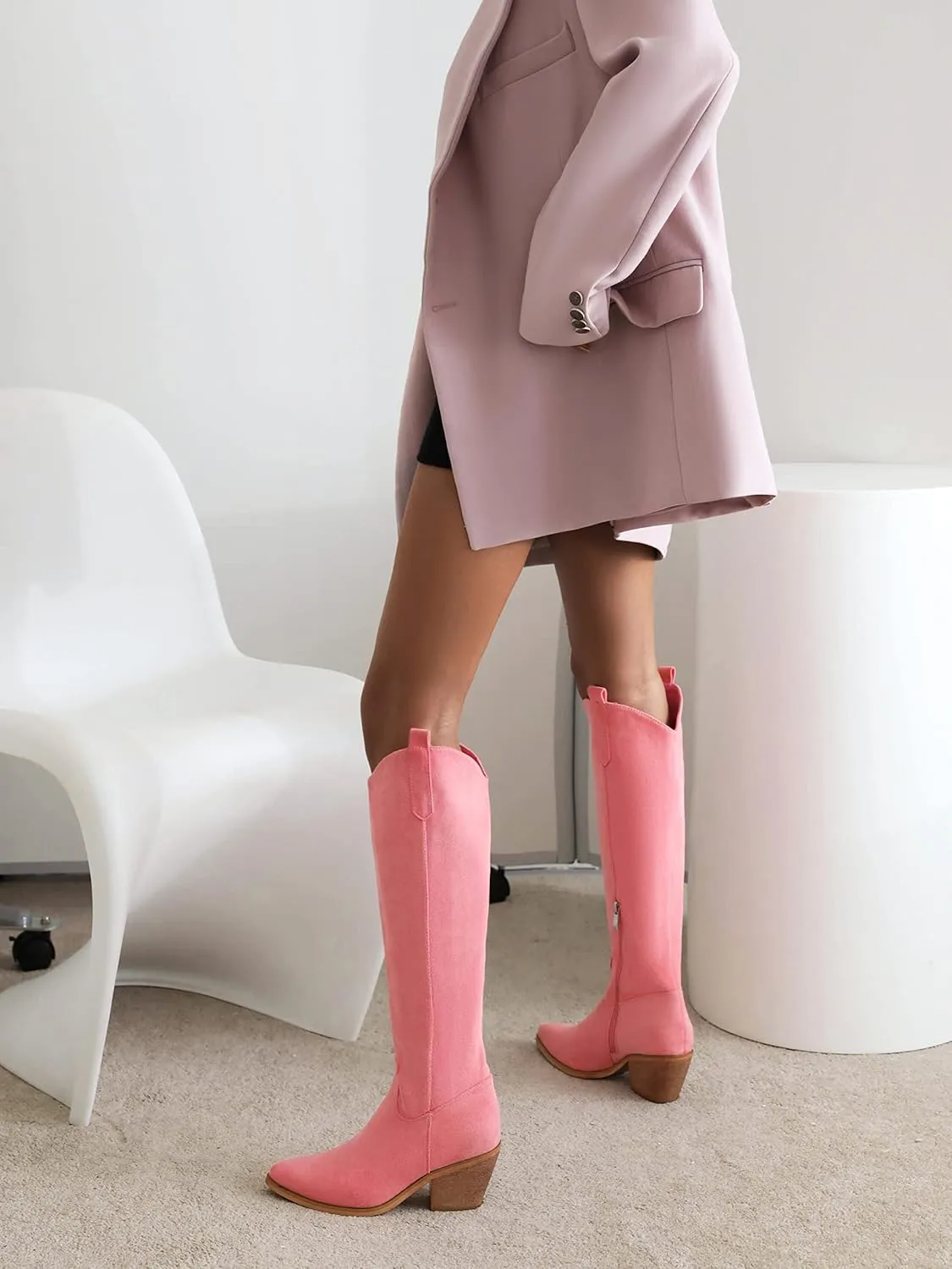 Reitoye Cowboy Boots for Women Embroidery Western Cowgirl Knee High Chunky Heel Boots with Pull-Up Tabs