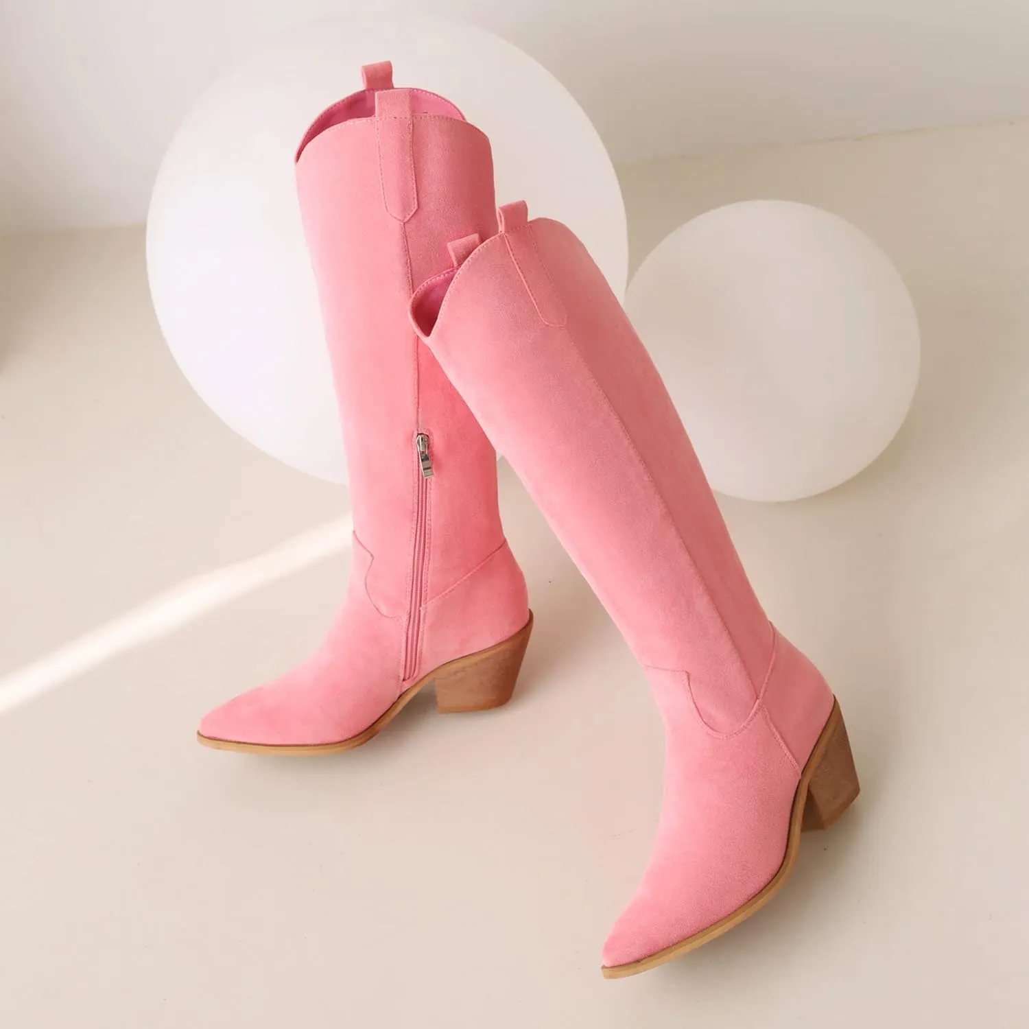 Reitoye Cowboy Boots for Women Embroidery Western Cowgirl Knee High Chunky Heel Boots with Pull-Up Tabs